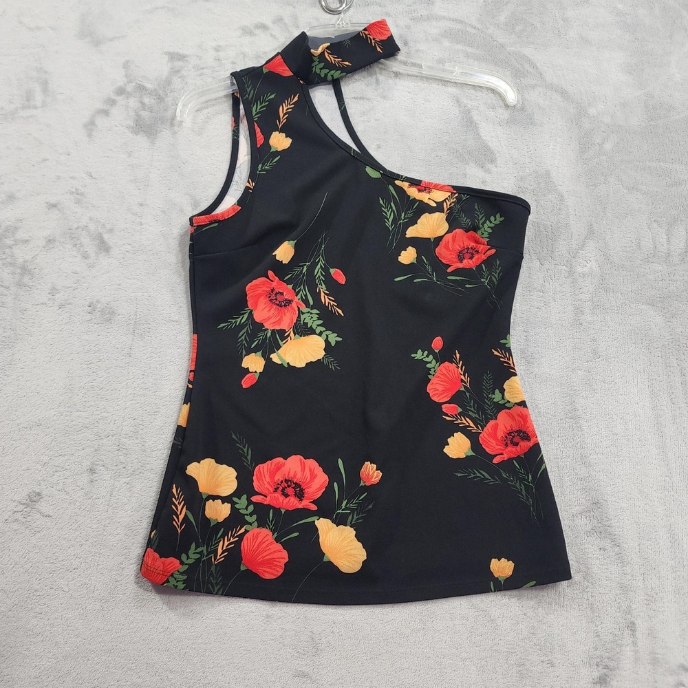 Vintage Via Vai Top Womens L Black Floral One Shoulder High Neck‎ Stretch Summer
